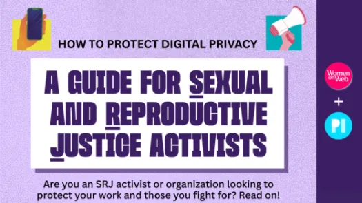Cartoon image of a phone and a megaphone, the logos of PI and Women on Web
