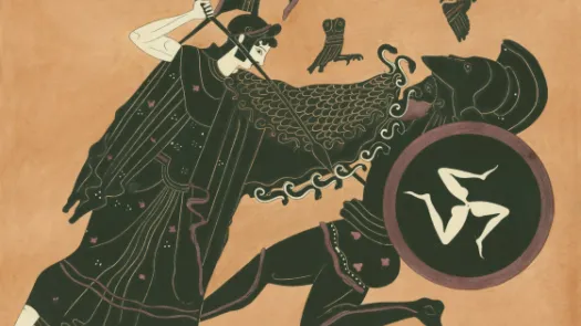 Ancient greek figures in combat with birds overhead