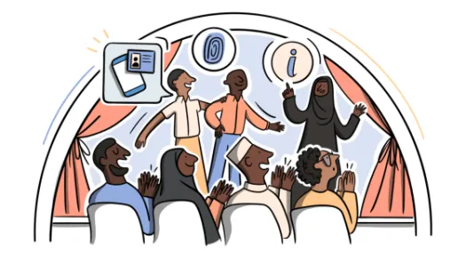 Illustration (in blue, peach, yellow, and brown colours) of a theatre performance: three people standing on a stage with curtains, speech bubbles coming out of their mouth, containing illustrations of a fingerprint, an "i" for information, and an ID card; four people in sitting on chairs in the audience clapping.