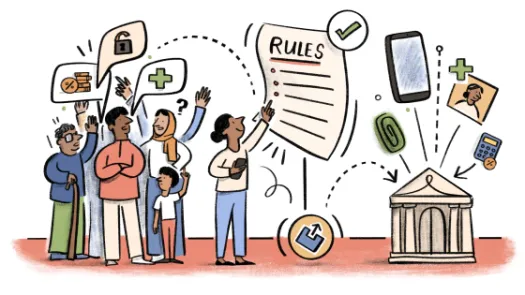 Colourful illustration of people with speech bubbles containing images of a security lock, a green cross, and coins; next to the people a document with "rules" and a courthouse with illustrations of a fingerprint, a phone, a calculator and a medical ID document above it.