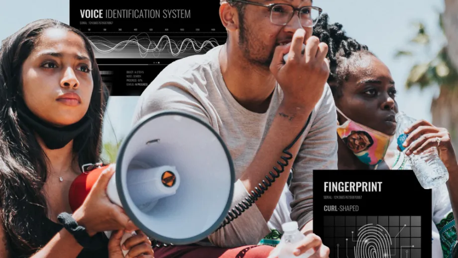 Image of protesters with protest surveillance technology annotations