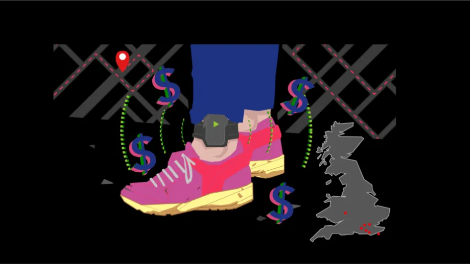 Drawing of an ankle tag on an ankle alongside a map of the UK with data points, and dollar signs around