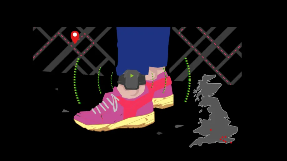 Image of ankle GPS tag and UK map