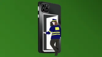 Police officer walking into back of phone