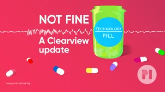 Green pill bottle with label reading Technology Pill surrounded by muli-colour pills with a sound waveform running behind it, text next to the bottle reads Not Fine: A Clearview update