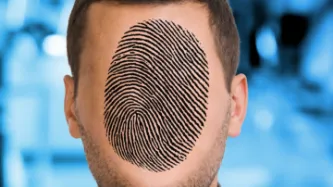 Close up of individual's face with fingerprint replacing facial features